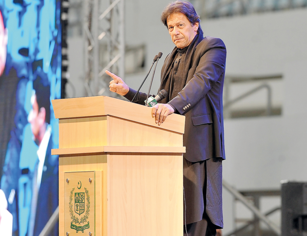 Pakistan Prime Minister Imran Khan giving a speech during the Pakistani Community meeting at Al Wakra Stadium yesterday. Pic: Abdul Basit / The Peninsula