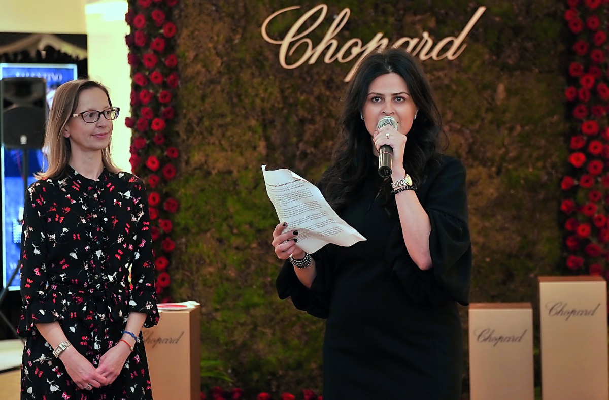 Paola Cominelli (left), International Trade Marketing Director of Chopard Parfums, and Bettina Al Qubaj, Salam’s Regional Retail Manager for Beauty, during the launch of the new luxury fragrance Rose De Caroline by Chopard held at Salam Store at The Gate 