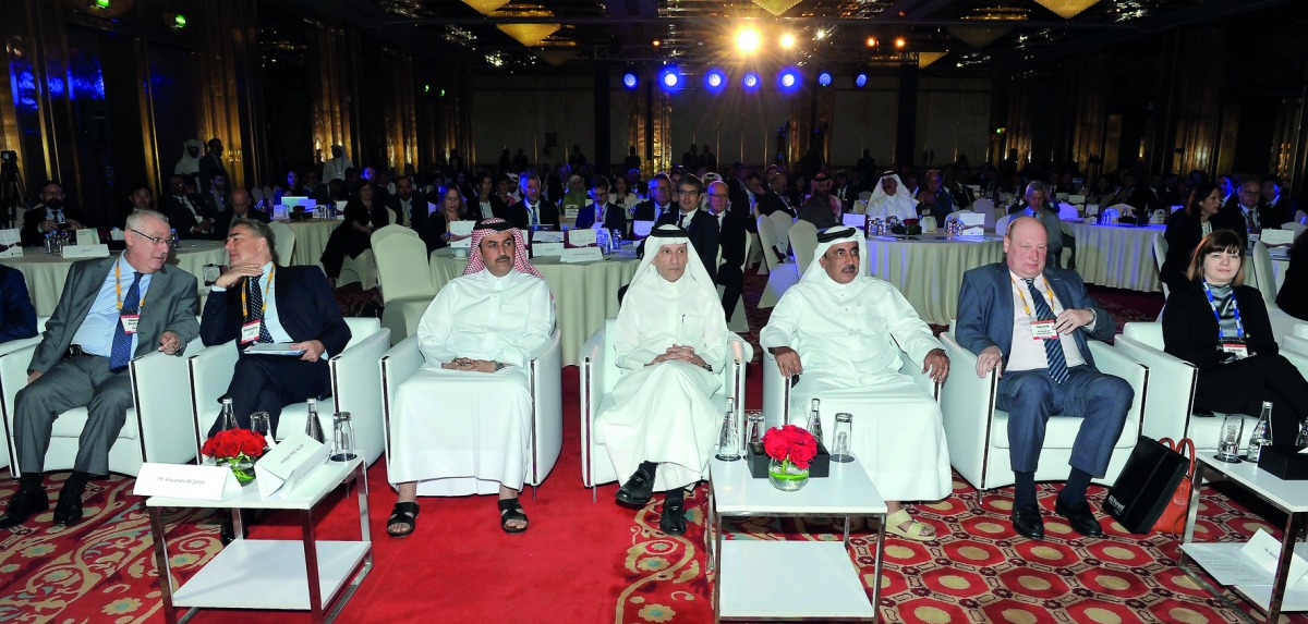 The Minister of Transport and Communications, H E Jassim bin Saif Al Sulaiti (second right), and Group Chief Executive of Qatar Airways, Akbar Al Baker (fourth left), with other officials at the opening of the CAPA Conference at the Sheraton Hotel Doha ye