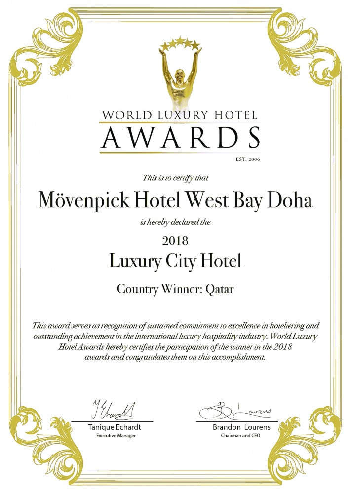 2018 World Luxury Hotel Awards Certificate