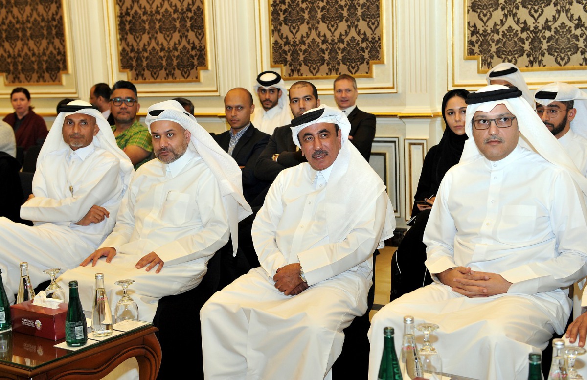 Minister of Transport and Communications H E Jassim bin Saif Al Sulaiti (second right), with CRA President Mohammed Ali Al Mannai (right), and CEO of QFC, Yousuf Mohammed Al Jaida (second left), and other officials during the MoU signing event in Doha yes