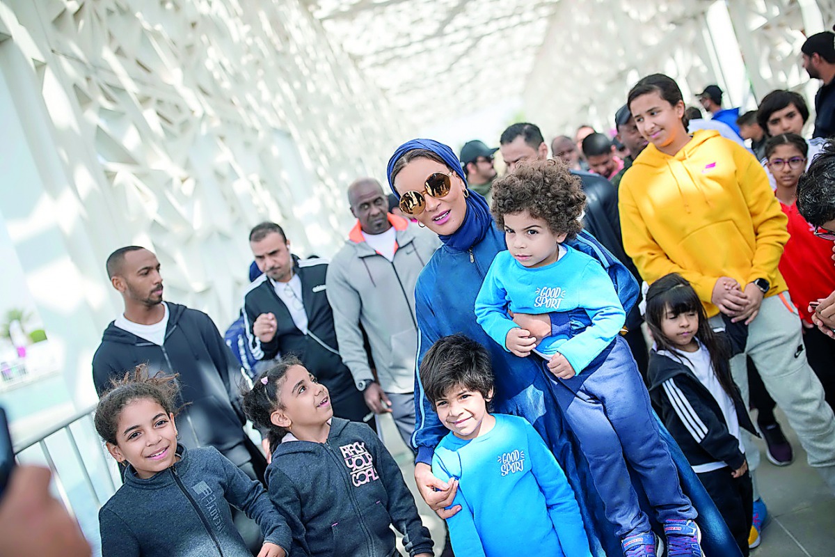 H H Sheikha Moza bint Nasser, Chairperson of Qatar Foundation, participates in the National Sport Day activities at Education City, yesterday.