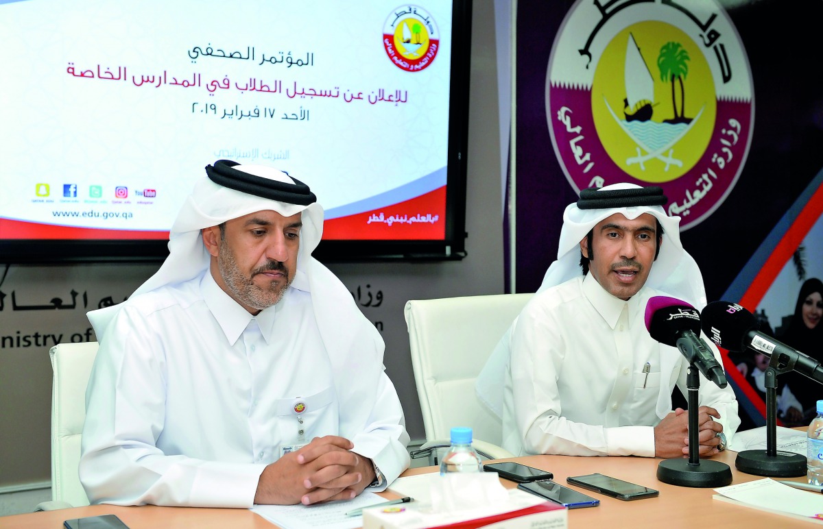 Hamad Al Ghali (right), Director of Private Schools Licensing Office, and Hassan Al Mohammadi, Director of Public Relations and Communication Department, at the press conference yesterday. 
Pic: Salim Matramkot/The Peninsula