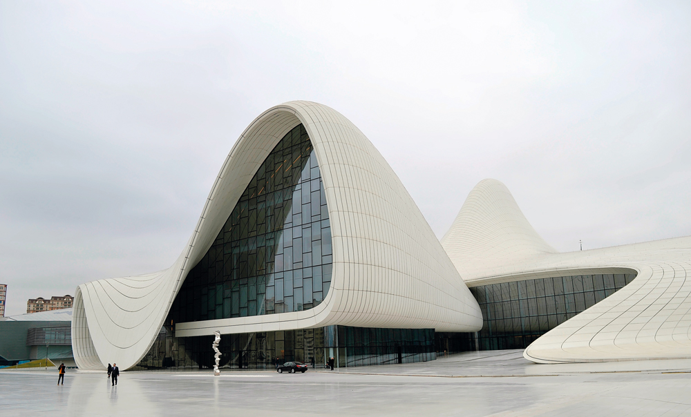 Heydar Aliyev Centre and ancient musical instruments (below) at the centre.