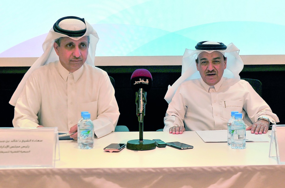 Dr. Sheikh Khalid bin Jabor Al Thani (left), Chairman of Qatar Cancer Society and Dr. Abdul Azim Abdul Wahab Hussain, Vice-Chairman of Qatar Cancer Society, during a press conference to announce the Thyroid Cancer Conference held at Qatar Cancer Society o