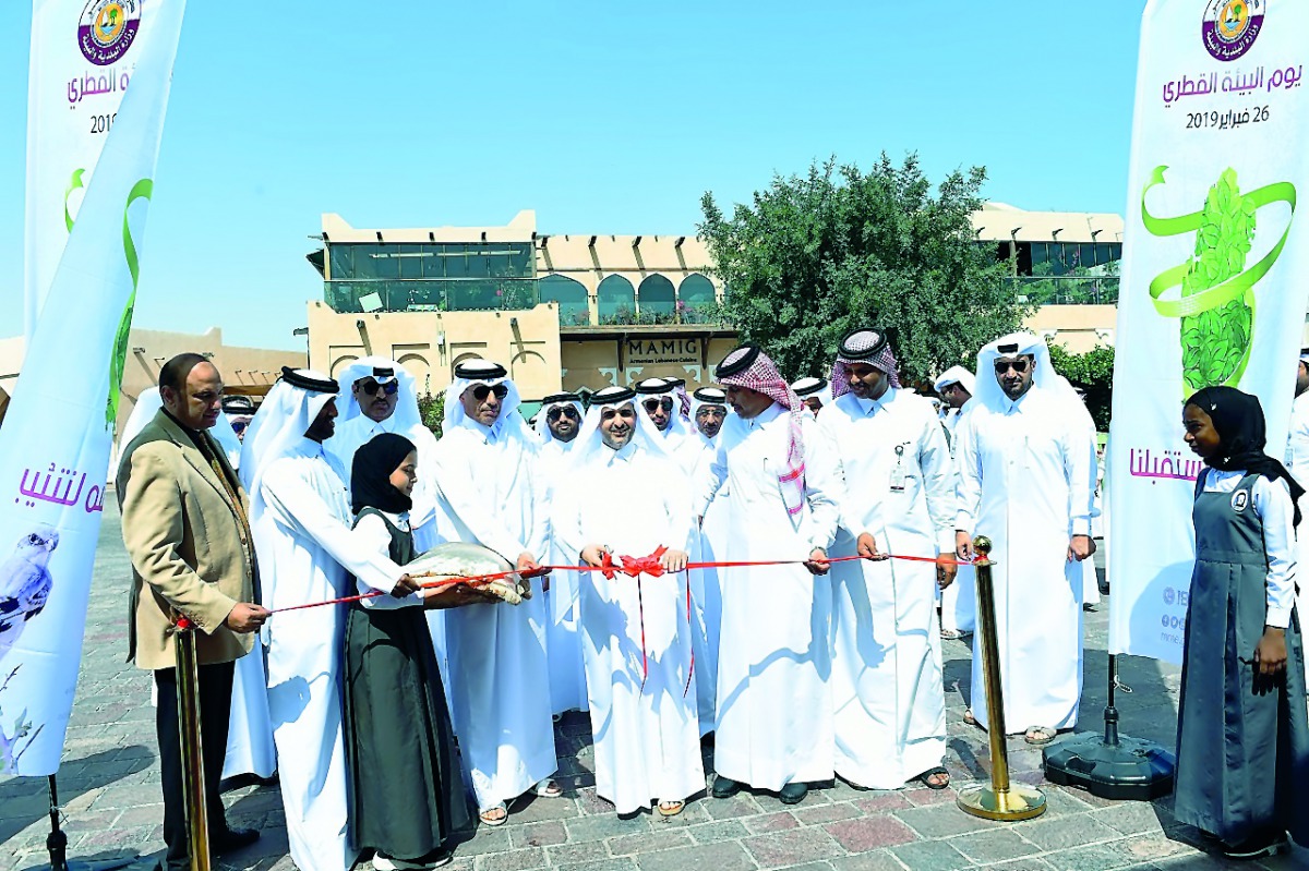 The Minister of Municipality and Environment, H E Abdullah bin Abdulaziz bin Turki Al Subaie, officials and other members of the Central Municipal Council, inaugurating the event to mark Qatar Environment Day.