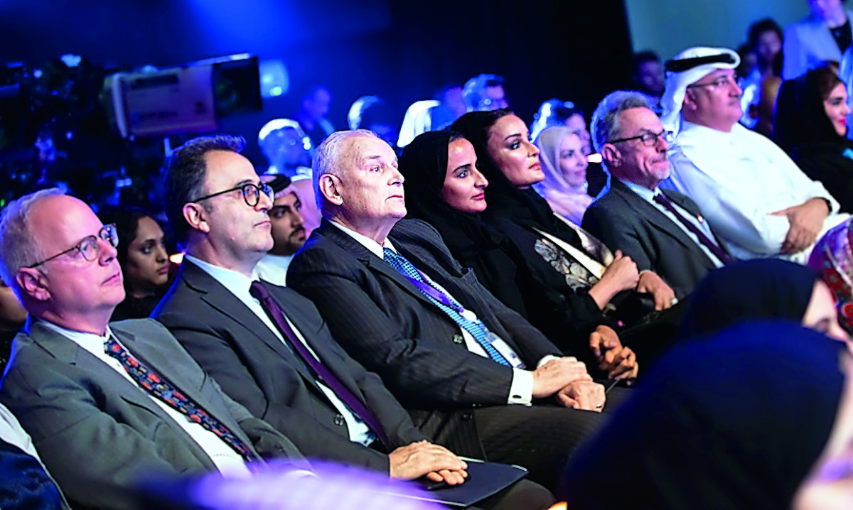 H H Sheikha Moza bint Nasser, Chairperson of Qatar Foundation; and H E Sheikha Hind bint Hamad Al Thani, CEO and Vice-Chairperson of Qatar Foundation, during the debut session of Qatar Debates new series at Northwestern University-Qatar, yesterday.