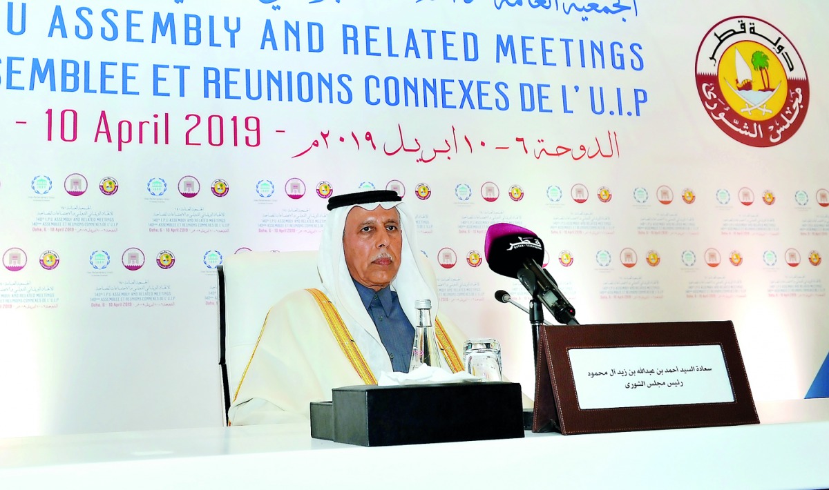 Speaker of Shura Council, H E Ahmed bin Abdullah bin Zaid Al Mahmoud, addressing guests at the reception. Pic:Salim Matramkot/The Peninsula