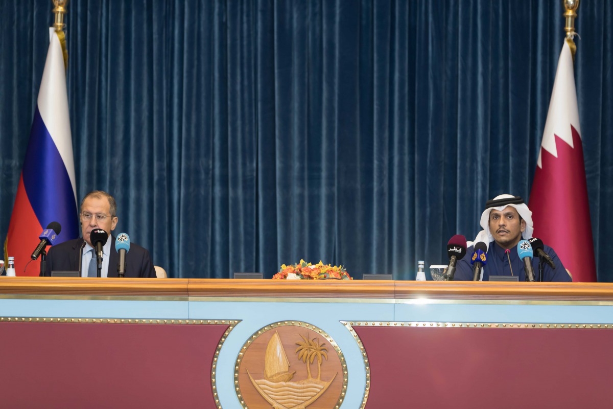 Deputy Prime Minister and Minister of Foreign Affairs H E Sheikh Mohamed bin Abdulrahman Al Thani with the Minister of Foreign Affairs of the Russian Federation, Sergey Lavrov, at a joint press conference.