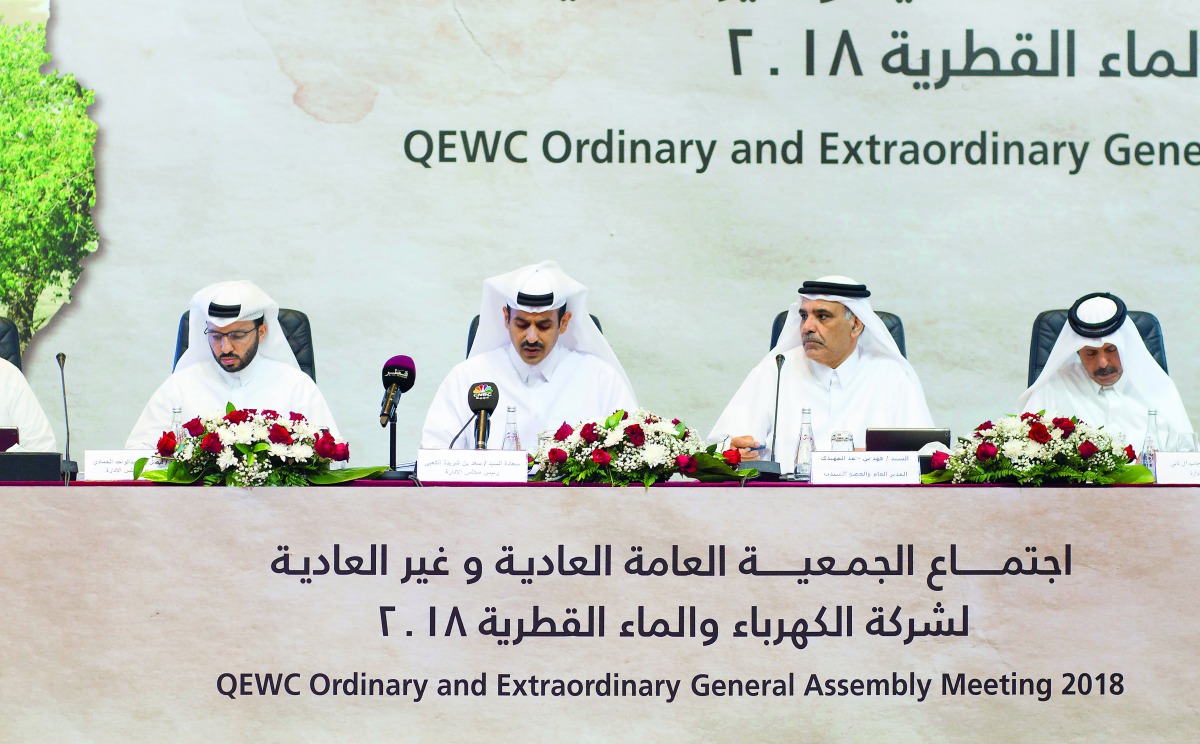 H E Saad bin Sherida Al Kaabi (second left), Minister of Energy Affairs and Chairman of Qatar Electricity and Water Company, and other Board members at the company’s General Assembly, held in Doha, yesterday. 
