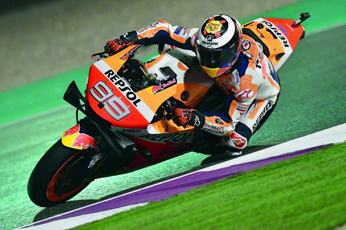 Repsol Honda’s Marc Marquez of Spain competes in the second practice session in Lusail yesterday.