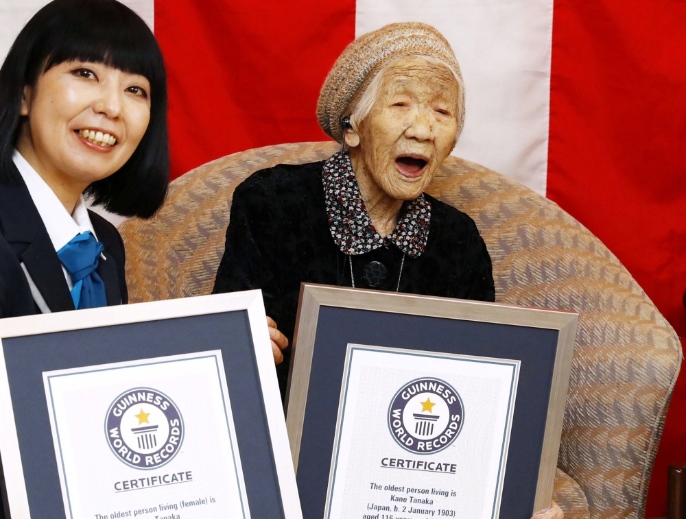 116-year-old Japanese woman Kane Tanaka celebrates during a ceremony to recognise her as the world's oldest person living and world's oldest woman living by the Guinness World Records in Fukuoka, Japan March 9, 2019. Kyodo/via REUTERS