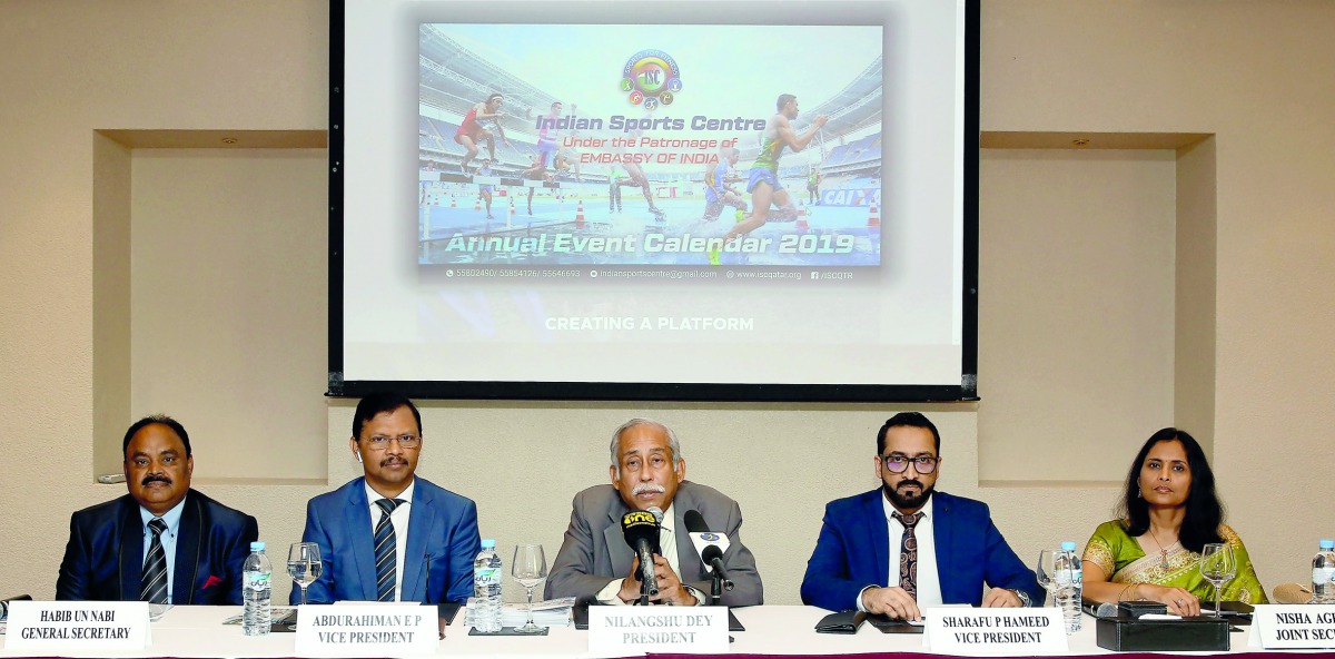 From Left: Habib Un Nabi, General-Secretary of Indian Sports Centre; Abdulrahiman E P, Vice-President; Nilangshu Dey, President; Sharafu P Hameed, Vice-President and Nish Agrawal, Joint-Secretary, during a press conference at Radisson Blu Hotel. Pic: Qass