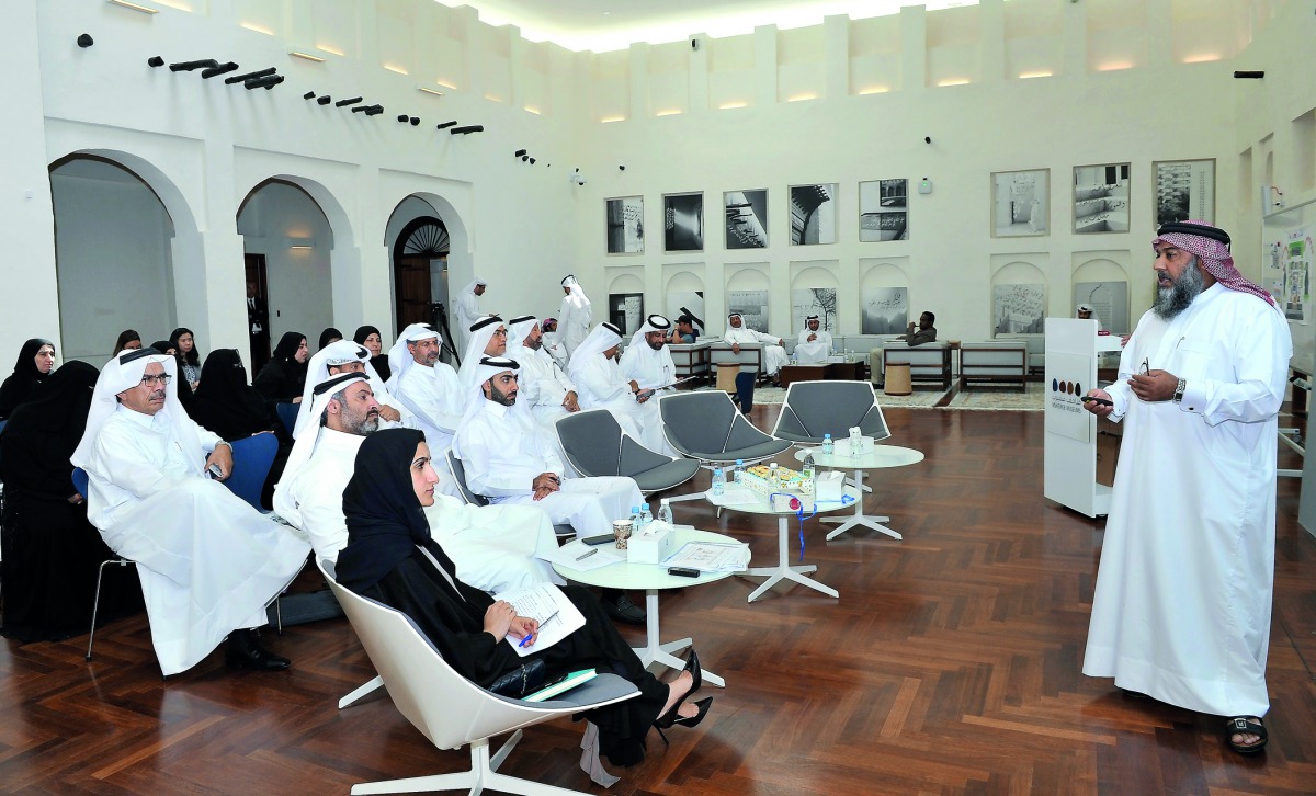 Hassan Ali Al Ansari giving a presentation at the final ceremony of the 4th edition of Retirees Entrepreneurship Program “Khutwa” by Qatar Development Bank and General Retirement and Social Insurance Authority at the Bin Jelmood House, Msheireb Downtown D