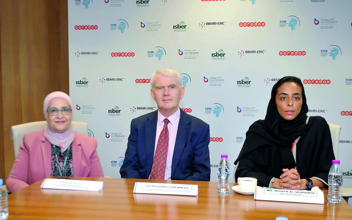 From Left: Dr Nahla Afifi, Director of Qatar Biobank; Dr Richard O’Kennedy, Vice-President of Research, Development and Innovation Council at QF; and Manar Khalifa Al Muraikhi, Director, PR at Ooredoo; during a press conference yesterday. Pic: Abdul Basit