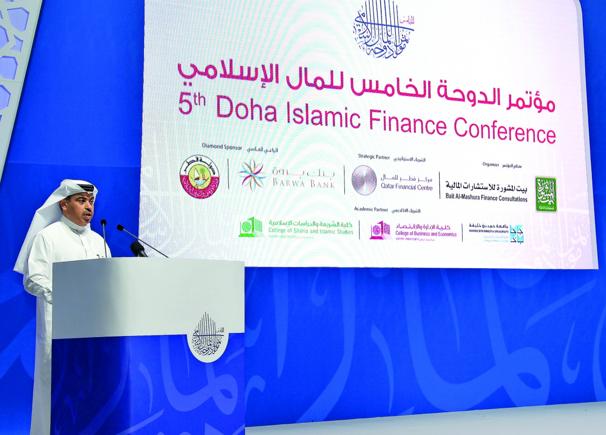 H E Ali bin Ahmed Al Kuwari, Minister of Commerce and Industry, addressing the opening session of the 5th Doha Islamic Finance Conference at the Sheraton Grand Doha Resort and Convention Hotel yesterday. Pic: Salim Matramkot/The Peninsula