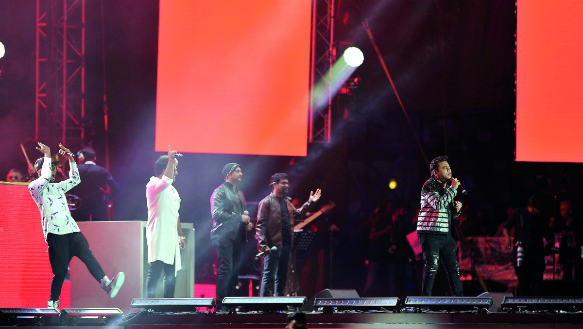 Indian music legend A R Rahman performs in front of a packed crowd at Khalifa International Stadium, yesterday.