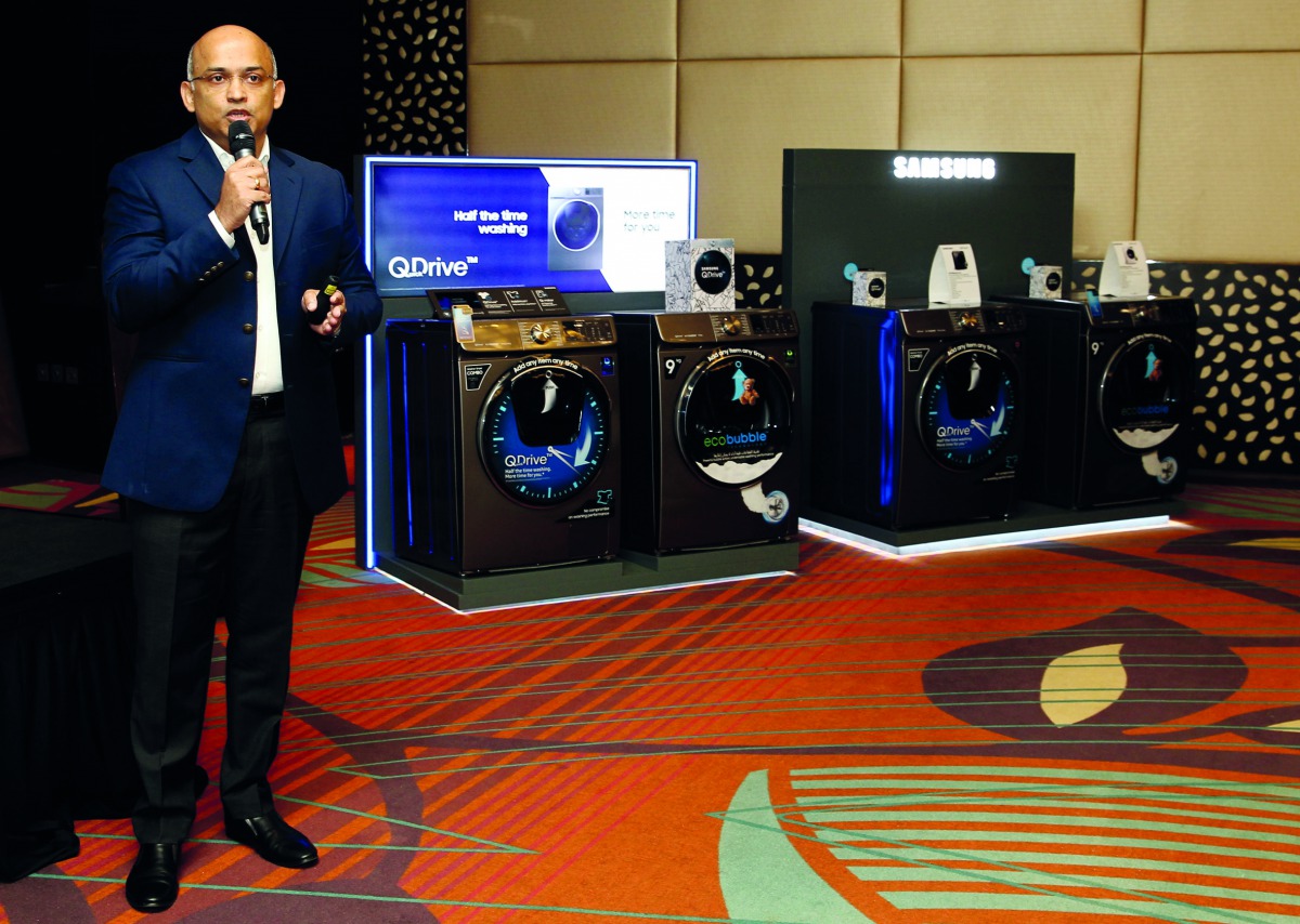 Vinod Nair, Sales Director of Consumer Electronics Business at Samsung Gulf Electronics, is seen introducing the new range at an event held at Crowne Plaza Hotel.