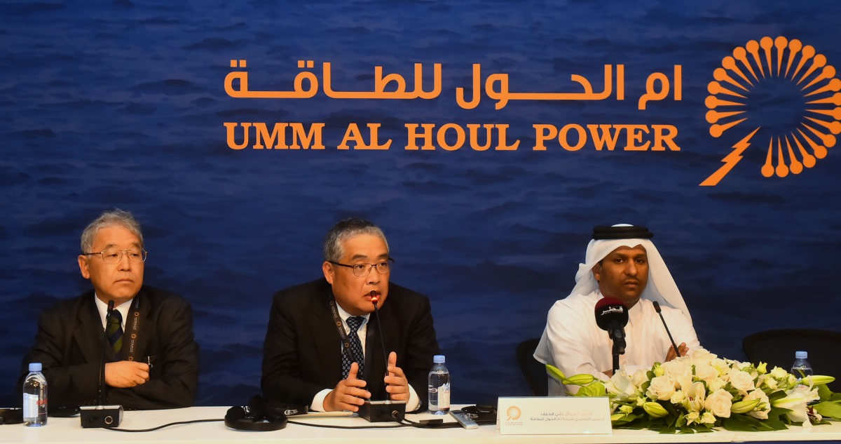 FROM LEFT: Hiroshi Sakuma, Katsuya Nakanishi, and Umm Al Houl Power CEO Jamal Al Khalaf addressing a press conference on the sidelines of the inauguration of Umm Al Houl Power project yesterday. 