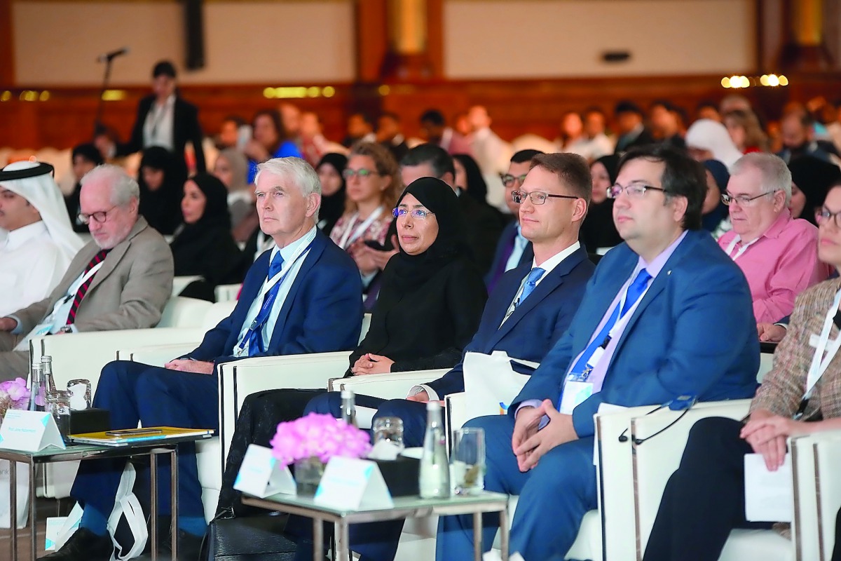 Minister of Public Health H E Dr Hanan Mohamed Al Kuwari (4th right) and Dr Richard O’Kennedy, Vice-President for Research, Development, and Innovation at QF with other officials during the opening of International Biobanking Conference 2019, yesterday.