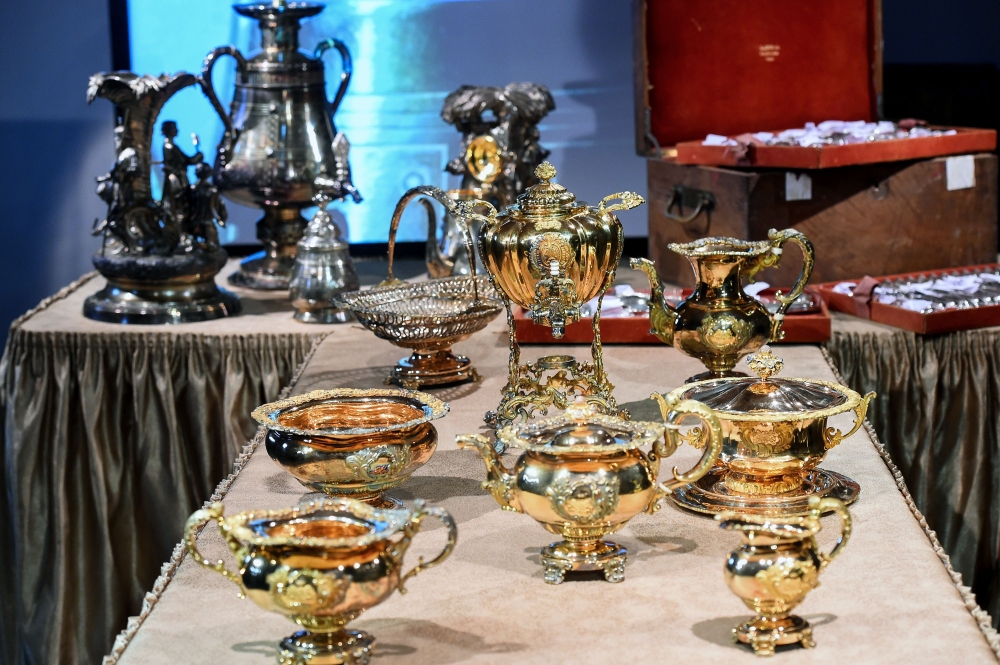 A view of pieces of the treasure once belonged to the Narshykin aristocratic family, which was discovered in 2012 during a restoration of an 18th century mansion in Saint Petersburg, during a media event at the Tsarskoye Selo palace museum in Pushkin on M