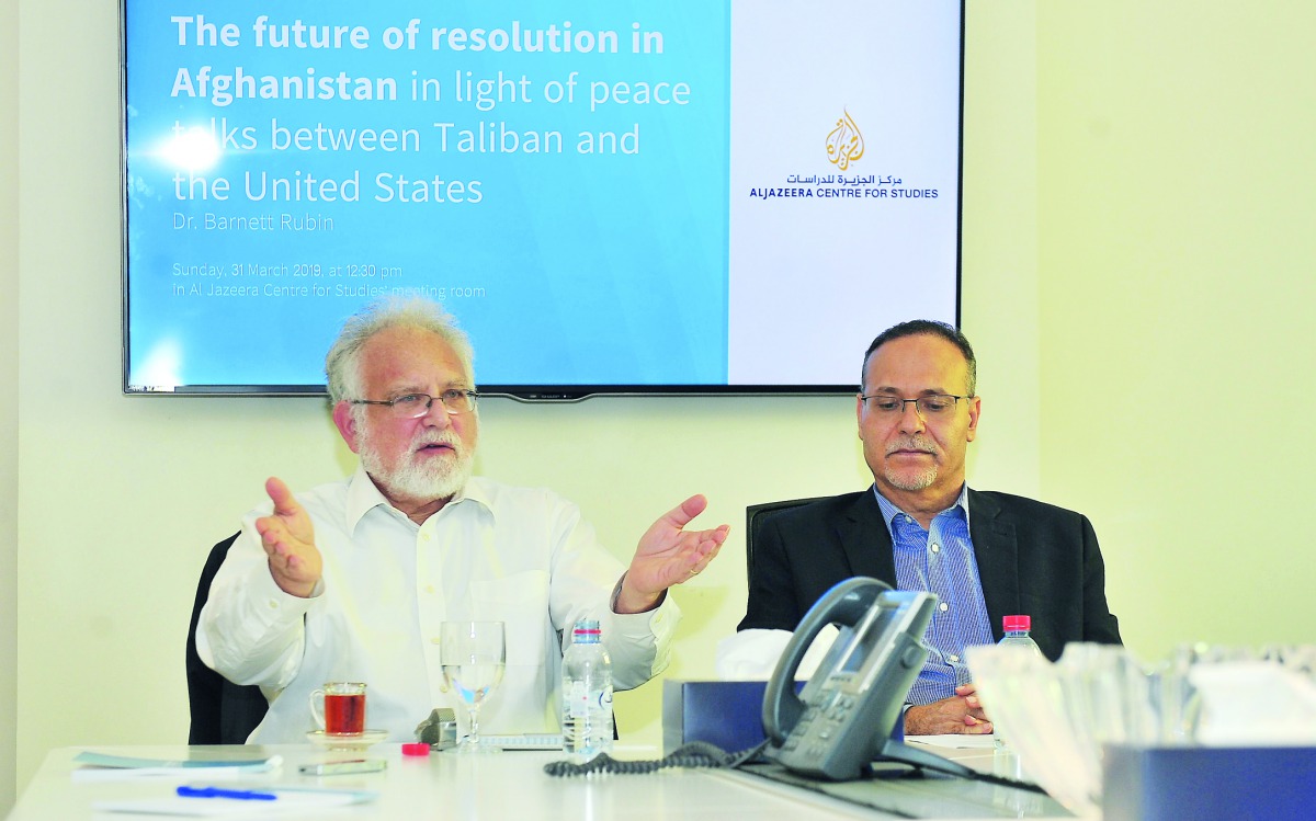 Dr Barnett R Rubin (left), Senior Fellow and Associate Director of CIC, and Dr Ezzeddine Abdelmoula, Manager of Research at Al Jazeera Centre For Studies, during a media roundtable on the future of resolution in Afghanistan held at Al Jazeera Centre for S