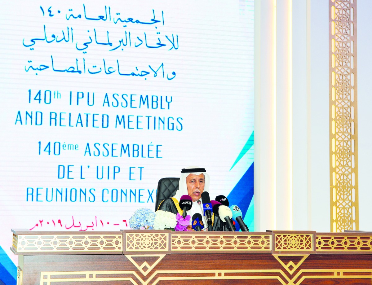 The Shura Council Speaker, H E Ahmed bin Abdullah bin Zaid Al Mahmoud, addressing a press conference on the preparations of the 140th Assembly of the IPU, yesterday. Pic: Salim Matramkot/The Peninsula