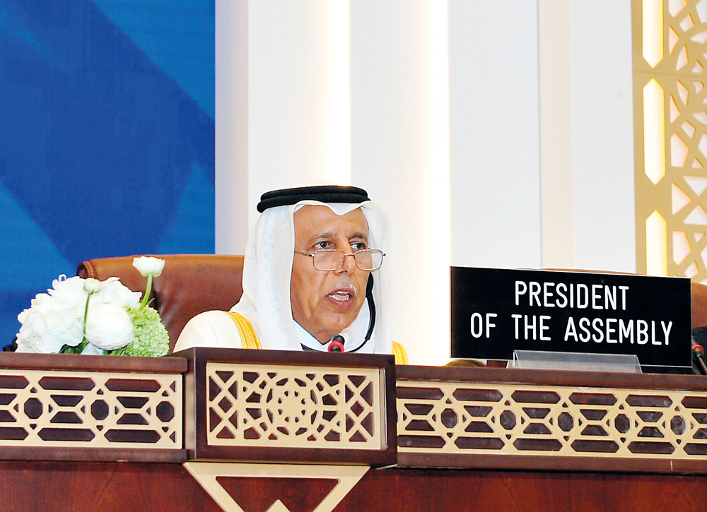 The Shura Council Speaker, H E Ahmed bin Abdullah bin Zaid Al Mahmoud, addressing at the ‘Start of the General Debate on the theme Parliaments as Platforms to Enhance Education for Peace, Security and the Rule of Law’ on the second day of 140th Assembly o