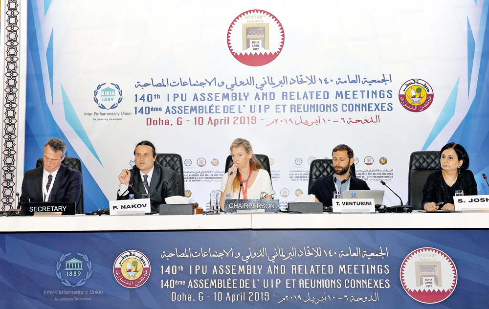 A panel discussion by the Standing Committee on Democracy and Human Rights on the third day of the 140th Assembly of the Inter-Parliamentary Union, yesterday.  Pic: Salim Matramkot/The Peninsula
