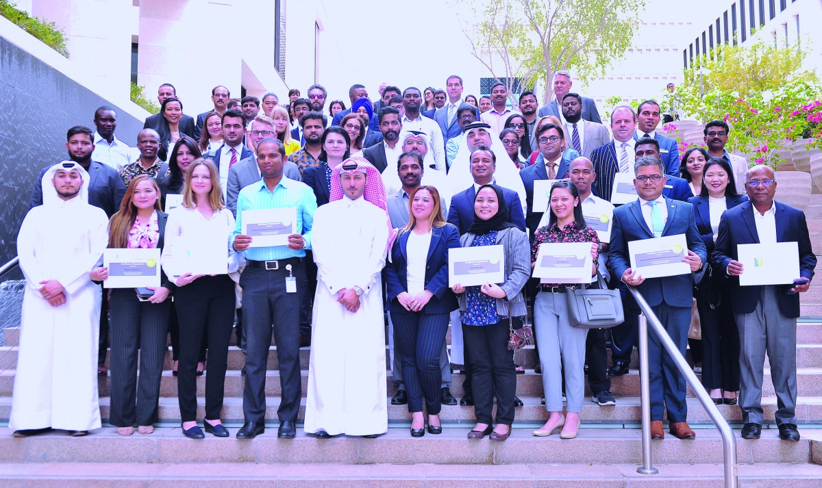 Engineer Meshal Al Shamari, Director of Qatar Green Building Council, with participants at the Appreciation Ceremony of this year’s ‘No Paper Day’ campaign at the Alwadi Hotel Doha MGallery, Msheireb Downtown Doha, on Thursday. Pic: Baher Amin / The Penin