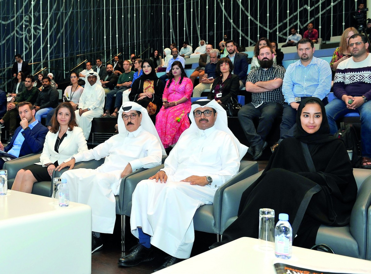 Minister of State H E Dr Hamad bin Abdulaziz Al Kawari with H E Dr Mohamed bin Saleh Al Sada (second right); Unesco Goodwill Ambassador and President of the Petra National Trust, Princess Dana Firas (second left); and President, Community Development, QF,