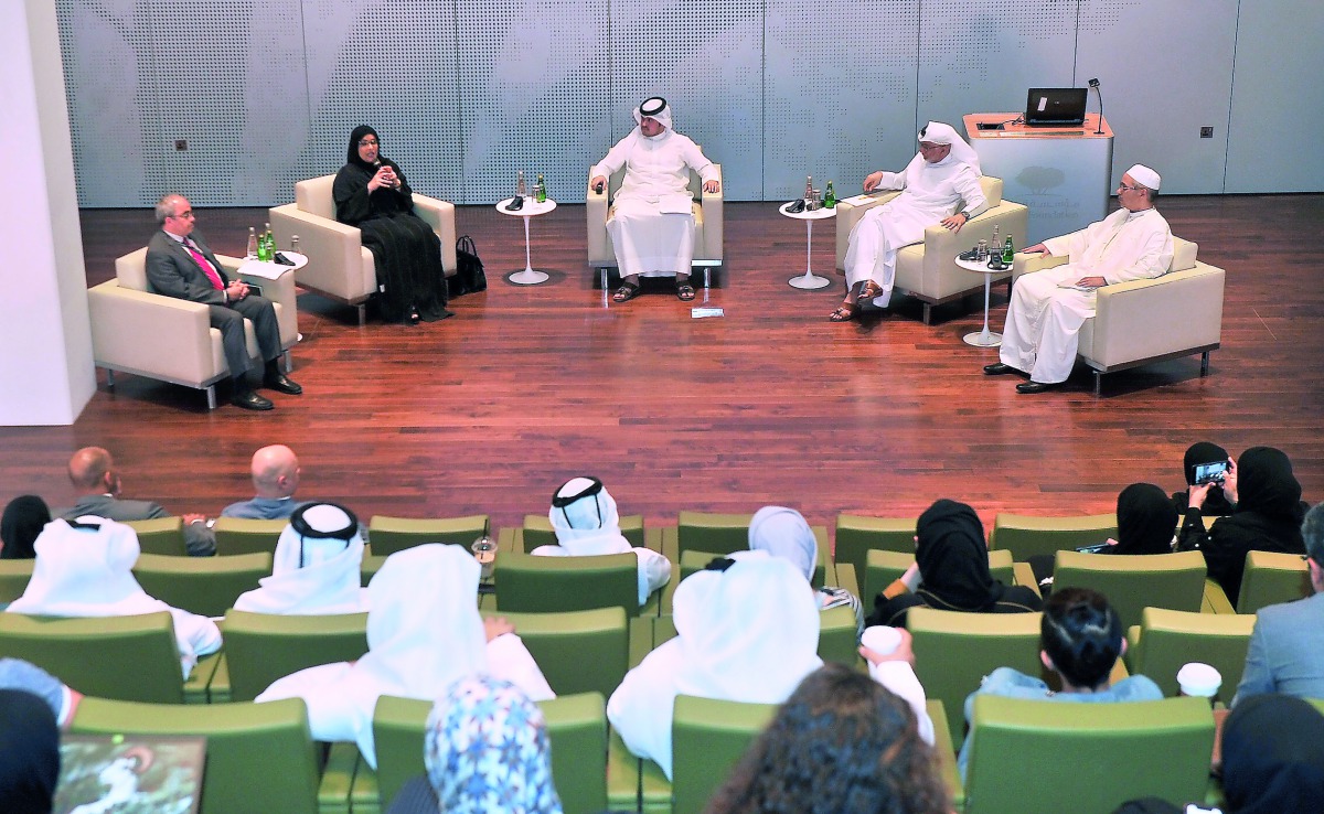 FROM LEFT: Dr Emad El Din Shahin, Dean of the College of Islamic Studies at HBKU; Amaal Al Mannai, CEO of Qatar Foundation For Social Work; Dr Jassim Sultan, Director of Wijdan Cultural Center, and Professor Mabrouk Zeid Elkheir, Director of the National 