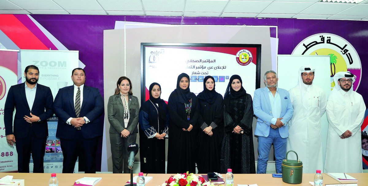 Fawzia Abdulaziz Al Khater and Mariam Al Buainain with senior officials representing the sponsoring companies of ‘Education Conference 2019’ after a press conference held to announce the details of the conference at the Ministry, in Doha yesterday. Pic: S