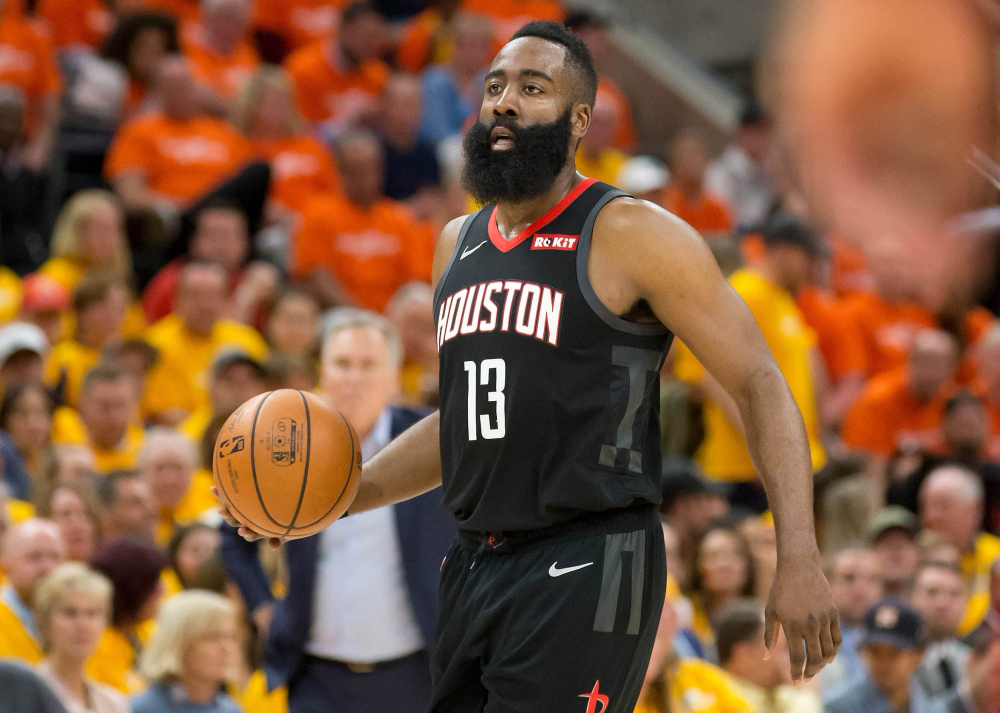 Houston Rockets guard James Harden (13) dribbles up the court during the second half of game three of the first round of the 2019 NBA Playoffs against the Utah Jazz at Vivant Smart Home Arena. Russ Isabella