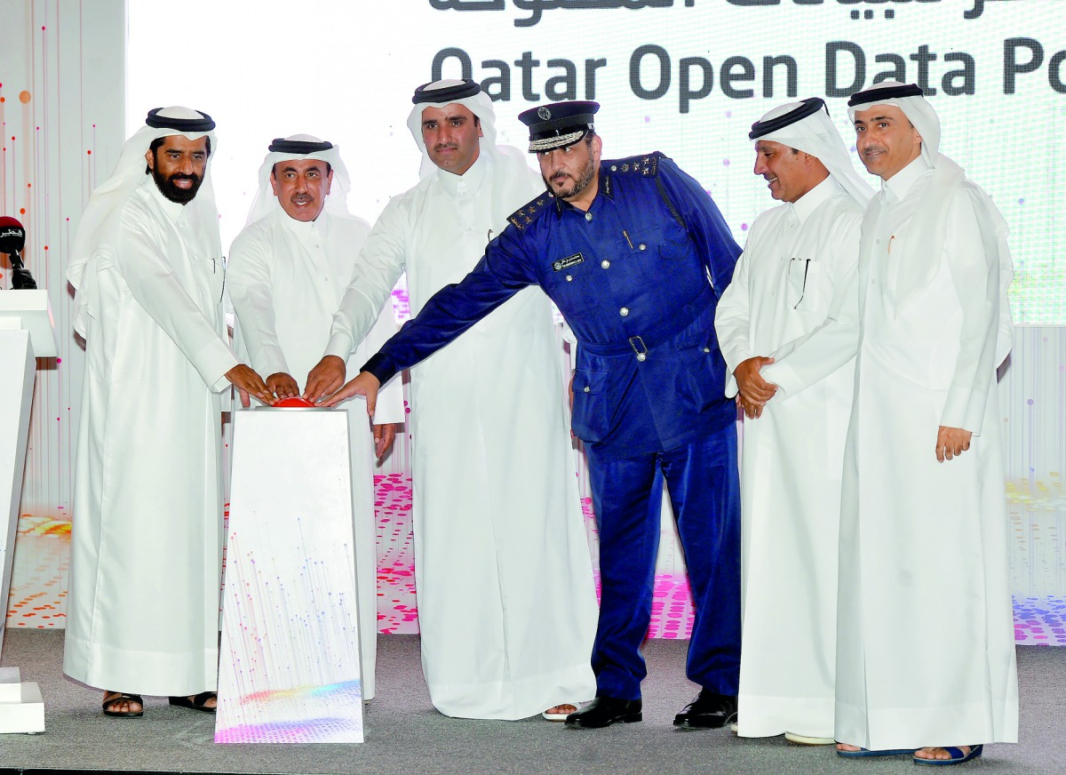 Minister of Transport and Communications H E Jassim bin Saif Al Sulaiti (second left), launching the Qatar Open Data Portal with other officials yesterday. Pic: Abdul Basit / The Peninsula