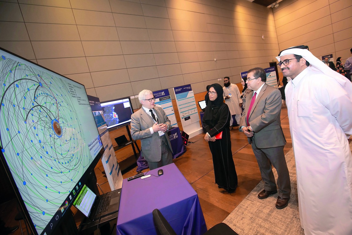 H E Dr Mohammed bin Saleh Al Sada (right), H E Dr  Hessa Al Jaber (second left) being briefed about research project demonstrations showcasing the work of students and faculty.