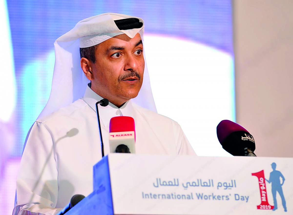 Minister of Administrative Development, Labour and Social Affairs H E Yousef bin Mohammed Al Othman Fakhro addressing the International Workers’ Day celebration organised by Dar Al Sharq at the Sheraton Grand Doha Resort and Convention Hotel. Pic: Salim M