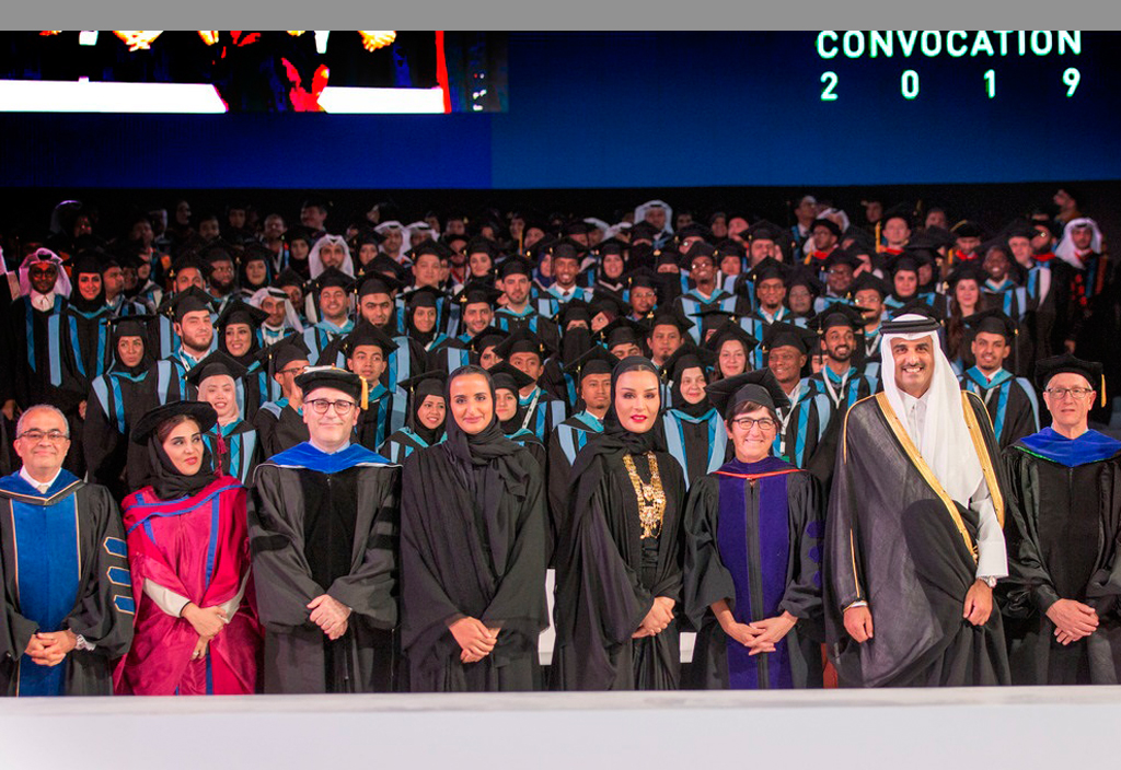 Amir H H Sheikh Tamim bin Hamad Al Thani, H H Sheikha Moza bint Nasser, Chairperson of Qatar Foundation (QF), and H E Sheikha Hind bint Hamad Al Thani, Vice-Chairperson and CEO of QF, during the Qatar Foundation convocation held at the  Education City, ye