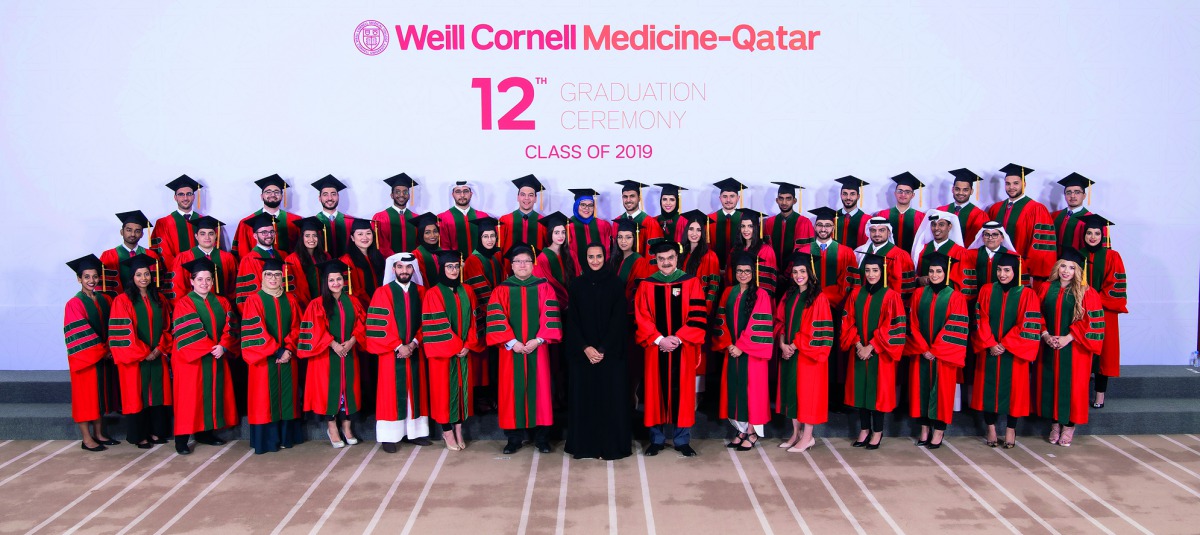 H E Sheikha Hind bint Hamad Al Thani, Vice-Chairperson and CEO of Qatar Foundation, with the graduating class of 2019 of Weill Cornell Medicine – Qatar’s (WCM-Q), at Sheraton Doha yesterday.