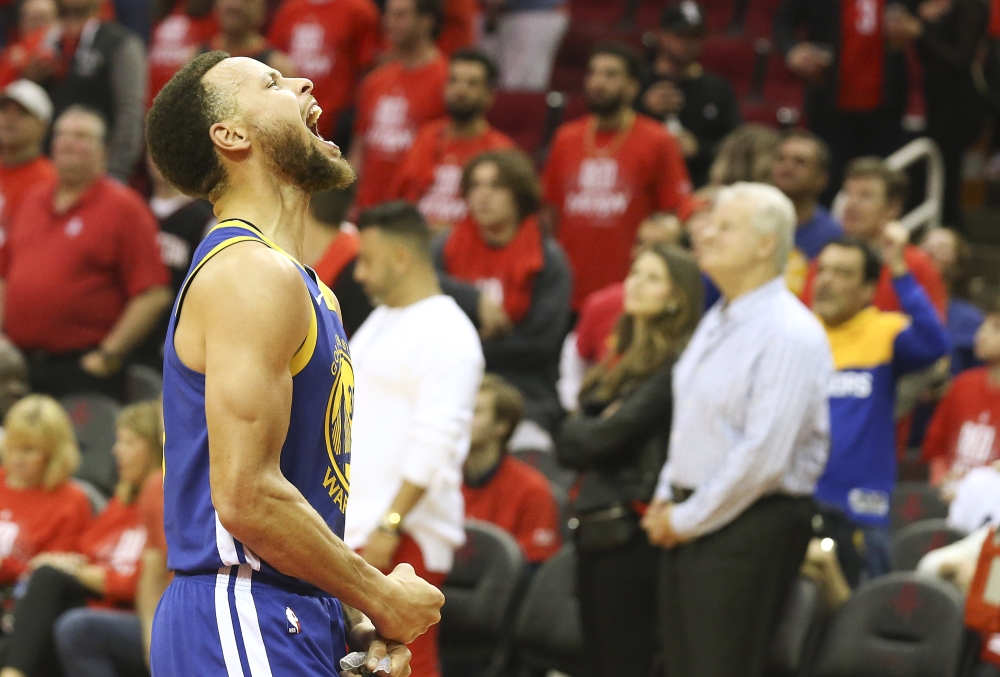 Golden State Warriors guard Stephen Curry (30) reacts after defeating the Houston Rockets in game six of the second round of the 2019 NBA Playoffs at Toyota Center. Thomas B. Shea-USA TODAY Sports