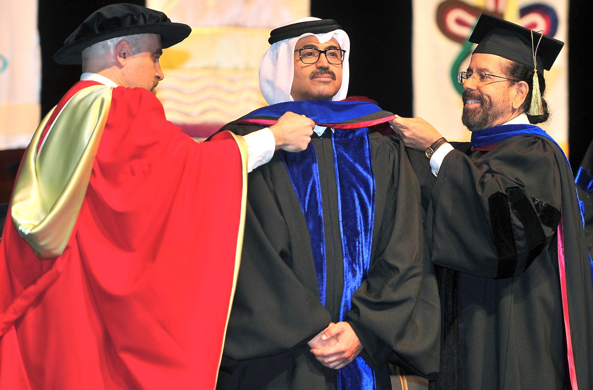 H E Dr Mohammed bin Saleh Al Sada receiving the honorary Doctor of Letters degree, during the Graduation Ceremony of Texas A&M University at Qatar held at QNCC. Pic: Baher Amin / The Peninsula