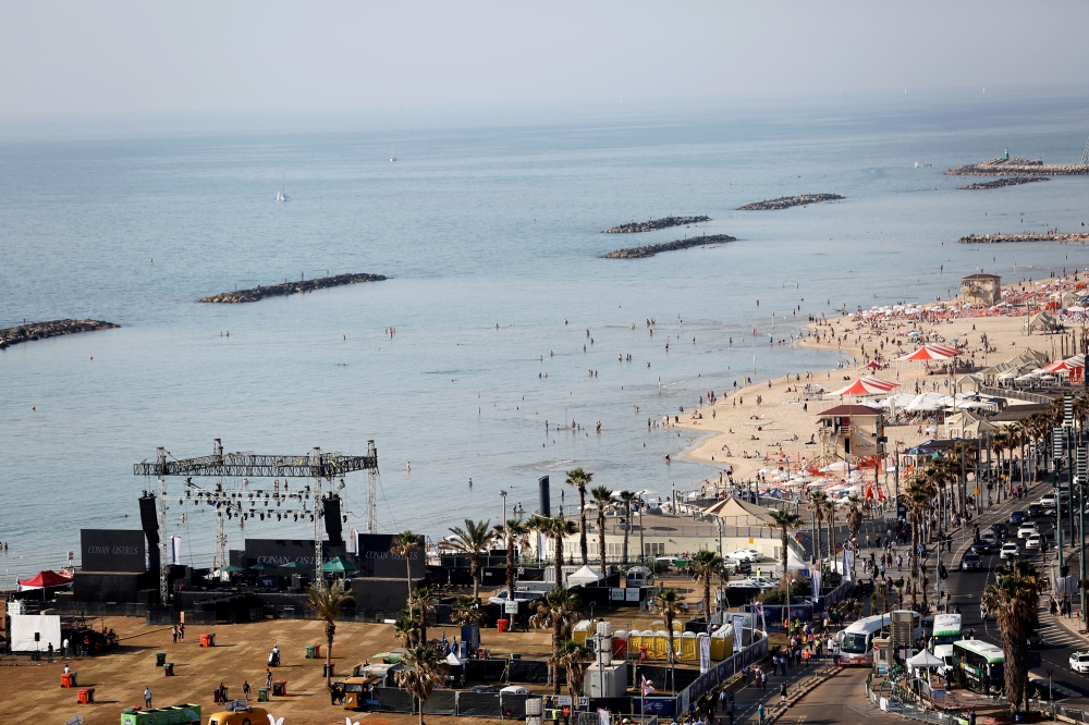 The Eurovision Village, an area dedicated for fans of the 2019 Eurovision Song Contest, is seen from above along the shoreline in Tel Aviv, Israel May 15, 2019. Reuters/Corinna Kern