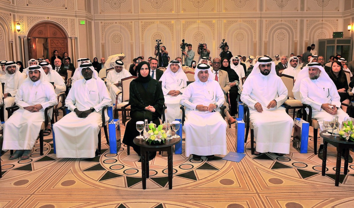 Minister of State for Foreign Affairs and the Deputy Chairman of QFFD, H E Sultan bin Saad Al Muraikhi; Spokesperson of the Ministry of Foreign Affairs, Lulwa Al Khater,  and Director-General of QFFD, Khalifa bin Jassim Al Kuwari, with other officials, du