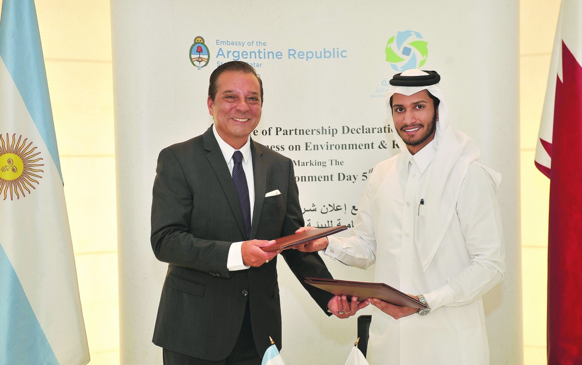 The Ambassador of Argentina, Carlos Herandez (left), and the Chairman of Elite Paper Recycling company, M Abdallah Al Suwaidi, during the MoU signing ceremony. Pic: Baher Amin / The Peninsula