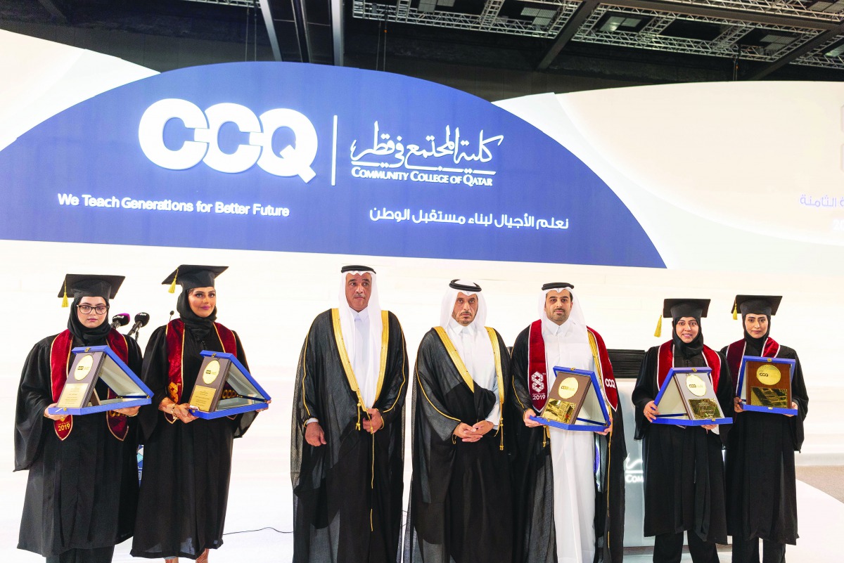 Prime Minister and Interior Minister H E Sheikh Abdullah bin Nasser bin Khalifa Al Thani at the graduation ceremony of the 8th batch of the Community College of Qatar, at Qatar National Convention Center, yesterday.