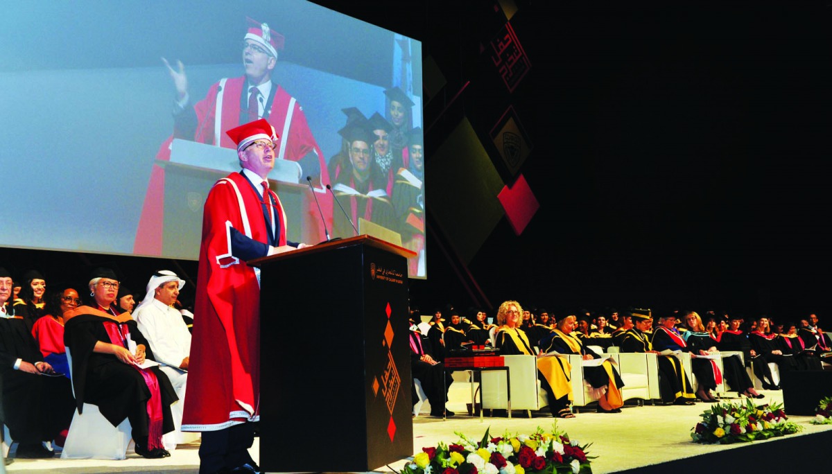 Guests and faculty of Calgary University Qatar, with graduates during graduation and Convocation 2019 ceremony held at the QNCC in Doha yesterday. Pic: Salim Matramkot/The Peninsula