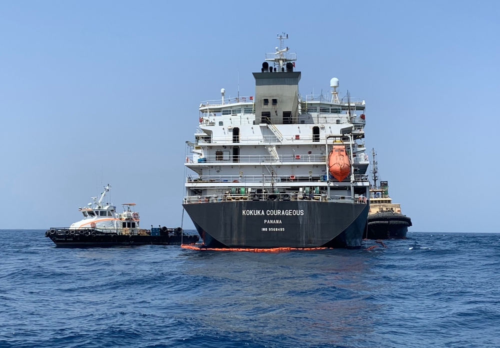 The Japanese oil tanker Kokuka Courageous off the port of the Gulf emirate of Fujairah on June 19, 2019.  AFP / Mumen KHATIB