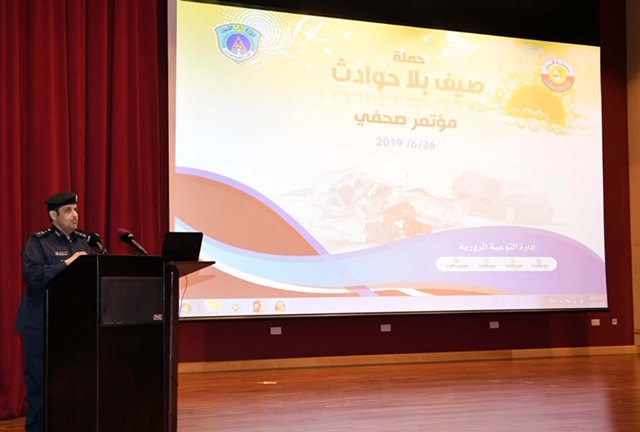 Colonel Mohammed Radhi Al Hajri, Director of Traffic Awareness Department, addressing a press conference at the department’s headquarters in Madinat Khalifa. 