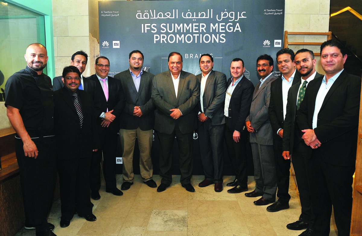 William Aranha (centre), Managing Director, IFS – Global Venture Group Doha, with other officials at the launch of IFS Summer Mega promotions at Village restaurant in Souq Waqif on Wednesday. Pic: Abdul Basit / The Peninsula