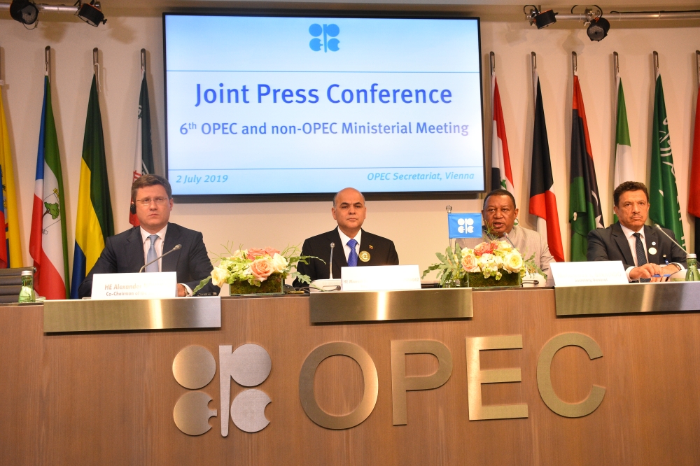 Russian Energy Minister Aleksandr Novak, OPEC President Manuel Quevedo, Secretary General of OPEC, Mohammed Barkindo attend joint press conference within 6th OPEC and non-OPEC Ministerial Meeting in Vienna, Austria on July 2, 2019. (A?k?n K?ya?an/Anadolu 